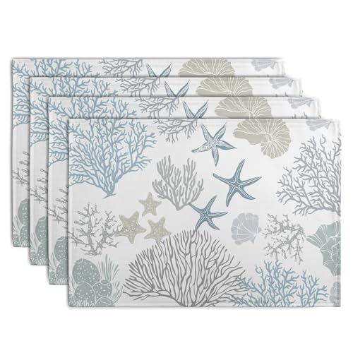 Summer Linen Placemats Set of 4 Nautical Coastal Theme Washable Non (4 Count)