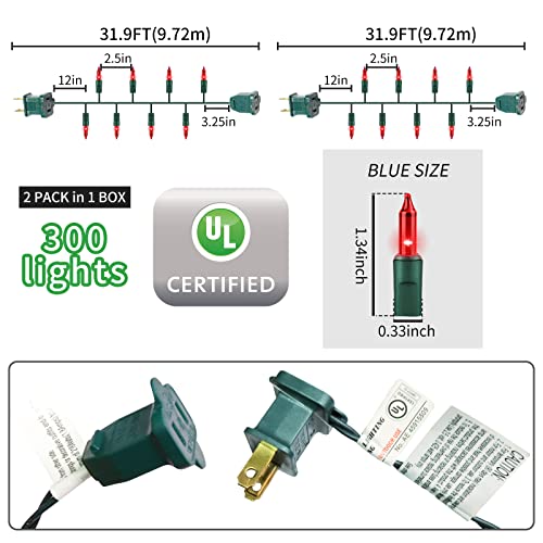 Green Wire Red 300 Incandescent Mini Bulb String Lights for Indoor Christmas Tree Garland Birthday Wedding Party Festival Decoration (300 Count)