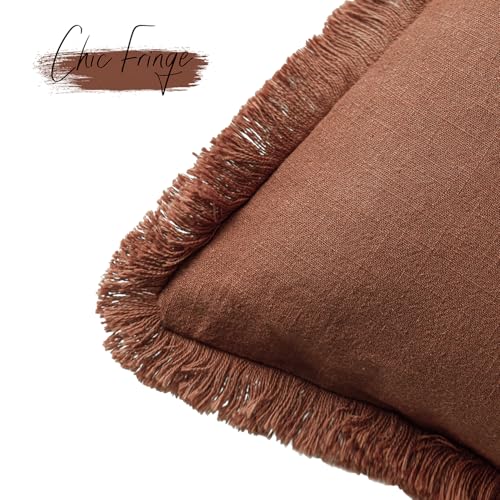 Decorative Linen Fringe Throw Pillow Covers 18×18 Rust Orange (2 Count)