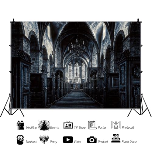 10x8ft Scary Church Halloween Backdrop Dark Black Horror Gothic Medieval Castle Interior Photography Background Halloween Night Carnival Theme Party Decor Banner Photo Studio Props