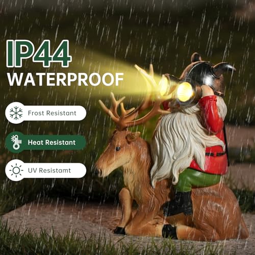 Garden Gnome Statues Resin Gnome Sitting On Deer Statues Solar Lights Outdoor Telescope Gnome Gifts for Yard