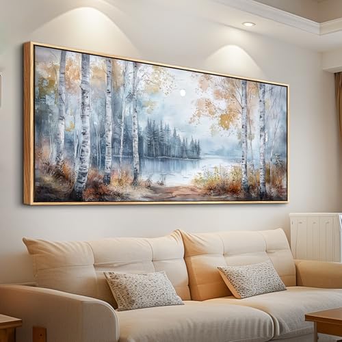 Trees Forest Landscape Painting Wall Art For Living Room Large Canvas Wall Decor For Bedroom Office Decorations Lake view Wall Pictures Home Decor Printing Artwork Wood Framed 32"X72"
