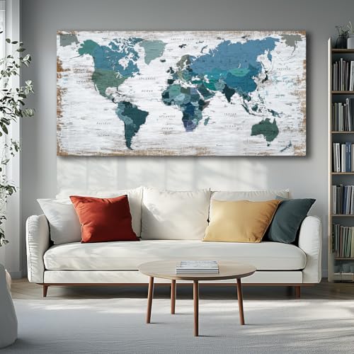 Teal Decor map of the world Canvas Wall Art Pictures for Living Room Decoration Blue Wall Decor Office World Map Art Picture Framed Artwork for Home Bedroom Decoration 40"x79"