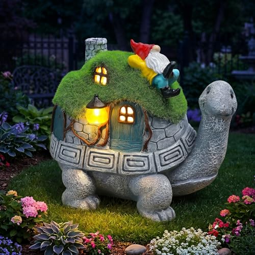 Solar Turtle Garden Statue Lights with Rooftop Lawn Gnome Solar Garden Decor for Outside Yard Balcony Patio Lawn Ornament Home Decor Gifts for Mom Grandma