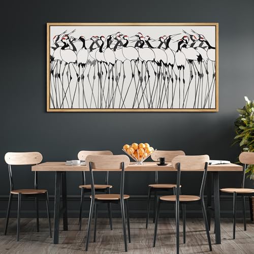 Extra Large Framed Canvas Print Wall Art Minimalist Crane Flock Japanese Ink Style Bird Illustrations Decorative Colorful Multicolor for Bedroom