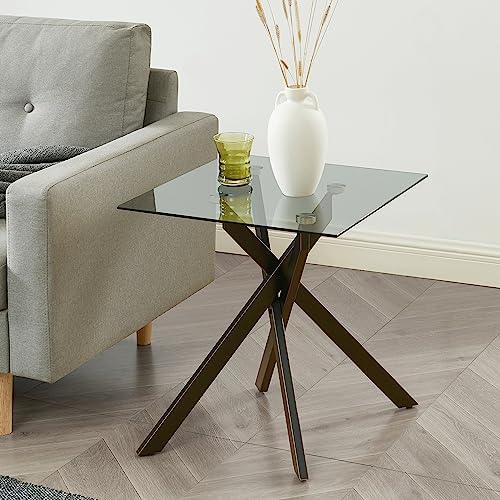 Black Square Glass Side & End Table with Grey Tempered Glass Top and Black Metal Tubular Legs with Gold Rim 20”Dx20”Wx22”H
