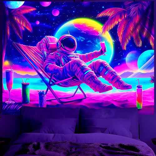 Blacklight Space Astronaut Tapestry UV Reactive Galaxy Planet Glow in Dark Tapestries Black Light Poster Neon Wall Hanging Art for bedroom Living Room