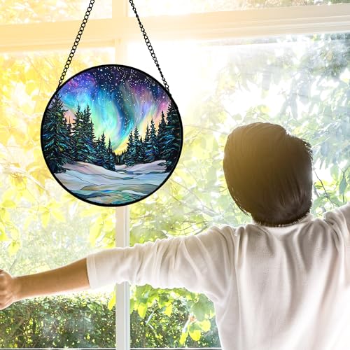Aurora Landscape Stained Glass Window Hanging Suncatcher Xmas Gifts 12"