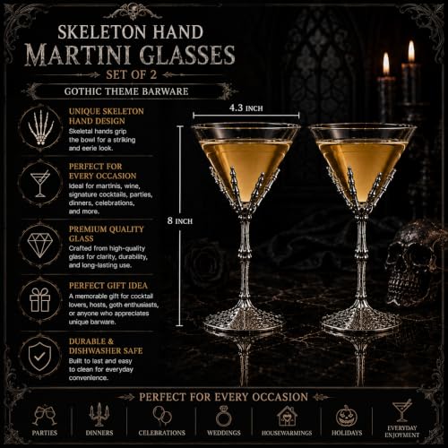 Skeleton Hand Martini Glasses Set Of 2 9 Inch Spooky Halloween Cocktail Bar