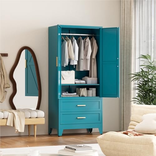71'' Farmhouse Metal Wardrobe Cabinet with Hanging Rod