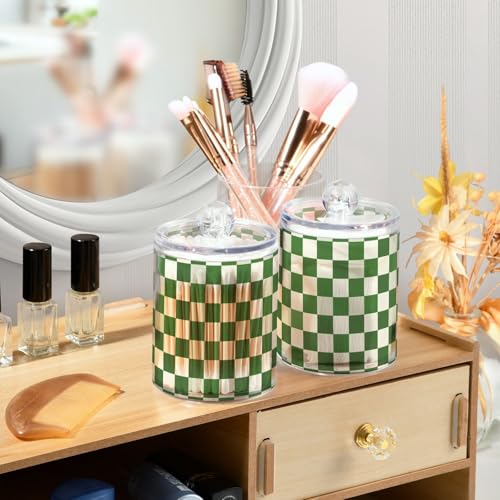 2 Pack Qtip Holder Organizer Dispenser Green White Checkered Pattern Bathroom Storage Canister Cotton Ball Holder Container for Cotton Pads (2 Count)