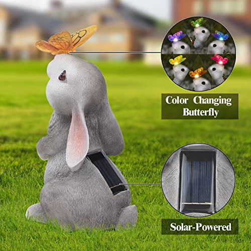Garden Statue Outdoor Decor Rabbit with Solar Butterfly Changing Lights
