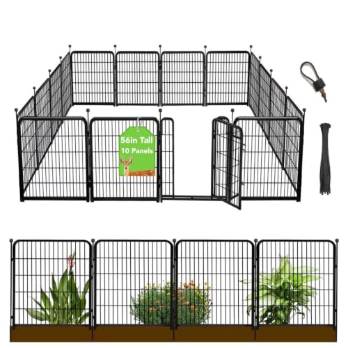 56in(H) Garden Fence, 10 Panels Total 22.1 Ft(L), Garden Fence with Low Threshold Gate, Anti Dig Fence Barrier, Fencing for Garden Beds, Black Metal Decorative Garden Fencing (10 Count)