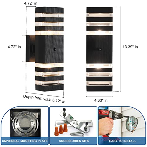 2PK Dusk to Dawn Sensor Outdoor Wall Lights Up Down Porch Lights Modern Exterior Light Fixtures Photocell Waterproof Black Aluminum Housing for Front Porch