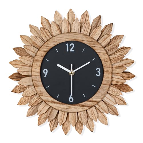 Wall Clock Battery Operated 12 in Rustic Wood Boho Sunburst Decorative Wall Clock Silent Non Ticking Farmhouse Small Wall Clocks for Living Room Kitchen Bathroom Bedroom Decor