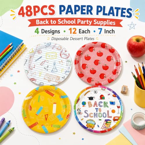 48PCS Back to School 7inch Paper Plates Disposable Party Supplies Tableware (48 Count)