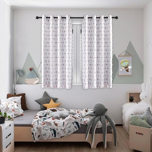 100% Blackout Curtains for Girls Bedroom 63 Inch Long Purple Pom Pom Curtains for Kids Room 2 Panels Room Darkening Window Treatment 2 Layered Drapes Toddler Grommet 50W x 63L (2 Count)