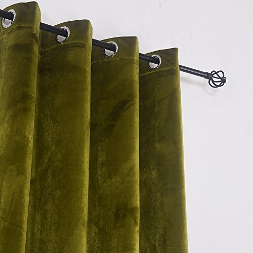 Super Soft Luxury Velvet Moss Green Thermal Blackout Curtain Panel Drapes Grommet Draperies Eyelet 52Wx108L inch Green Yellow