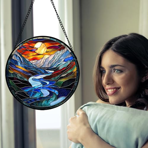 Stained Glass Window Hanging River Scenery Suncatcher Gifts for Women 9.8"