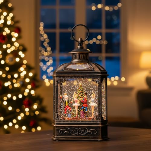 Christmas Snow Globe Lantern Water Glittering Nutcracker Ballet Stage with Music & Timer