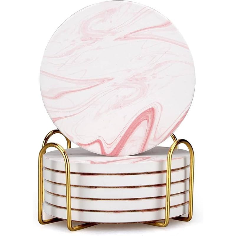 Cute Pink Marble Coasters for Desk Coffee Bar Table Kitchen Decor Set of 6 (6 Count)