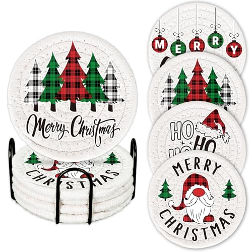4Pcs Merry Christmas Cup Coasters Handmade Braided Cotton Drink Coasters Xmas Buffalo Plaid Anti Slip Absorbent Tabletop Protection for Home Office Party Tableware (4 Count)