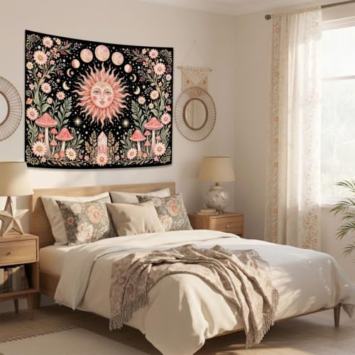 Boho Pink Sun Moon Phase Daisy Flower Mushroom Tapestry 60 x 44 Inch