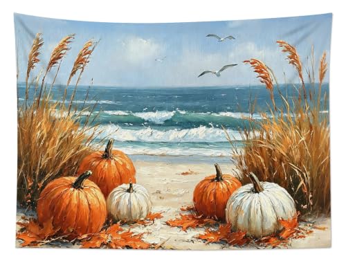 Coastal Fall Pumpkin Tapestry beach Landscape Wall Decor 80Wx60L Inch