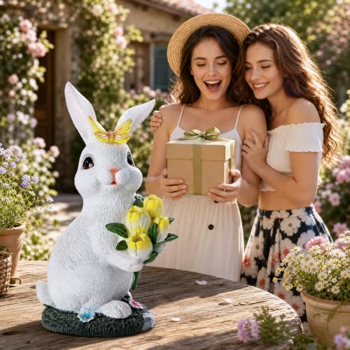 Solar Rabbit Statue Waterproof LED Flower Bouquet Garden Decor