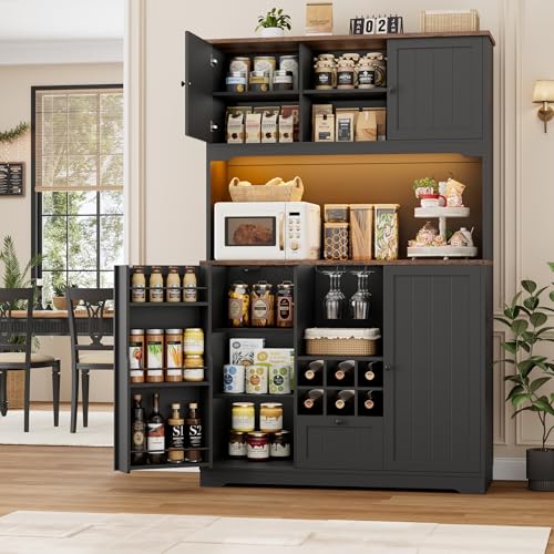 71" Kitchen Pantry Cabinet with LED Light and Charging Station