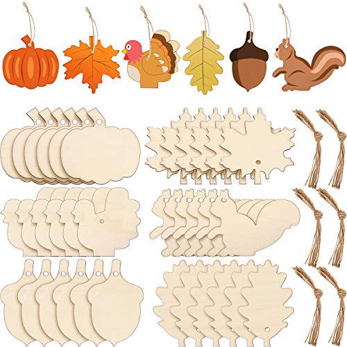 60 Pcs Fall Unfinished Wooden Ornaments Thanksgiving Wood Cutout (60 Count)