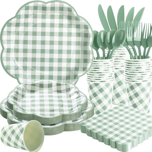 175 Pcs Sage Green Gingham Paper Plates and Napkins Party Supplies (175 Count)