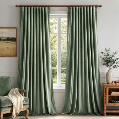 Sage Green Velvet Pinch Pleat Blackout Curtains W52 X L84 Inches (2 Count)