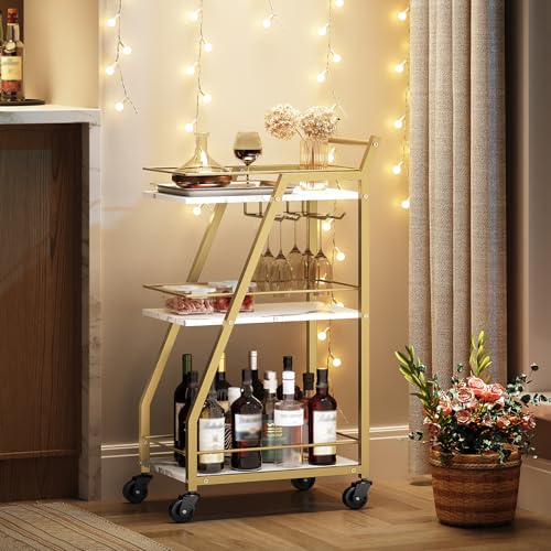 Bar Cart, 3-Tier Home Bar Serving Cart with Wheels, Drink Cart with Glass Holder, Beverage Cart, Rolling Kitchen Cart, for Home, Living Room, Gold BC03DW
