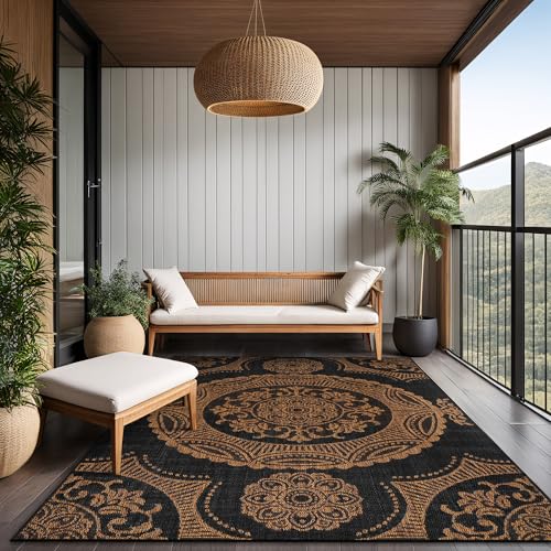 Medallion Outdoor Rug 9x12 Washable Outside Carpet for Indoor Patio Porch Waterproof Easy Cleaning Non Shedding Area Rugs Nut Brown 9 x 12