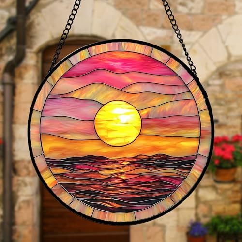 Sunrise Sea Pink Stained Glass Window Hanging Suncatcher Gifts Decor 7.8"