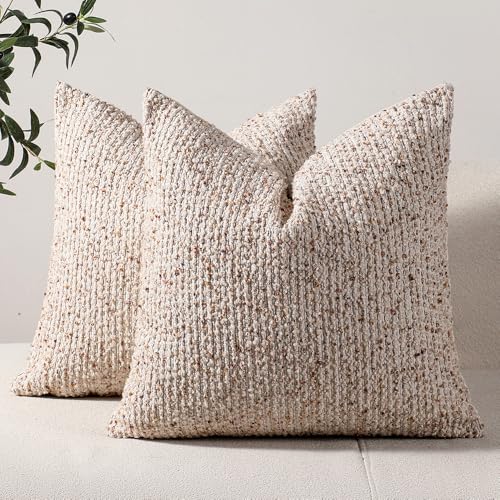 Striped Throw Pillow Covers 16x16 Set of 2 Beige Textured Boucle Chic Morden Boho Accent Farmhouse Square Decorative Couch Pillow Covers for Home Decor Bed Sofa Living Room (2 Count)