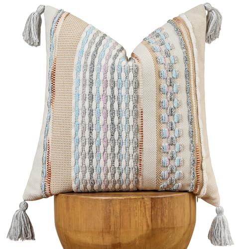 Chenille Striped Textured Boho Throw Pillow Covers Aesthetic with Tassels Woven Decorative Pillow Case for Couch Bed Sofa Bedroom Modern Funky 18 x 18