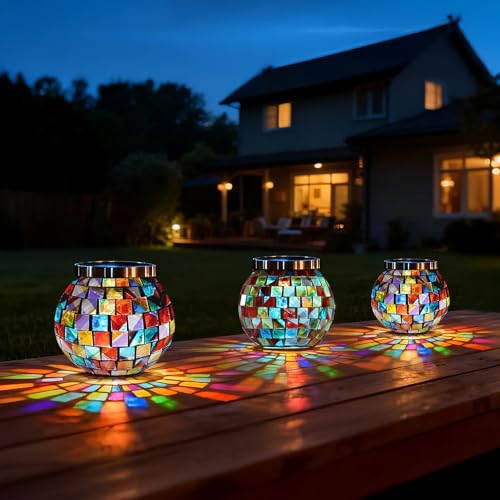 6 Pack Gift for her him Landscape Lighting Path Lights Heavy Solar Mosaic Lantern with RGB Color (6 Count)