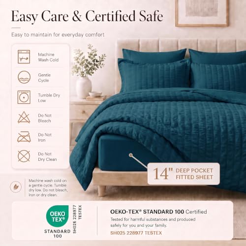 King Size Comforter Set 7 Pieces Lyons Blue Seersucker Bed in a Bag