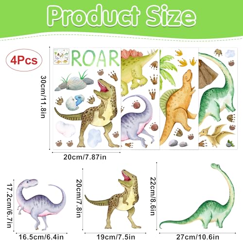 Dinosaur Wall Decals Glow in The Dark Dinosaur Wall Stickers Watercolor Dinosaur Decal Large Removable Vinyl Dino Wall Decals for Boys Bedroom Kids Girls Nursery Playroom Living Room Wall Decor Green (4 Count)