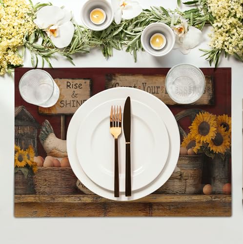 Farmhouse Rooster Placemats Set of 4 Farm Animal Chicken Place Mats 12x18 Inch Vintage Rustic Country Linen Table Mat Washable Non