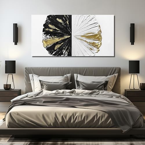 Abstract Circles wall Decorations For Office Black White Gold Oil Painting Wall Art For Bedroom Large Pictures For Living Room Size 29 x 58 Inch
