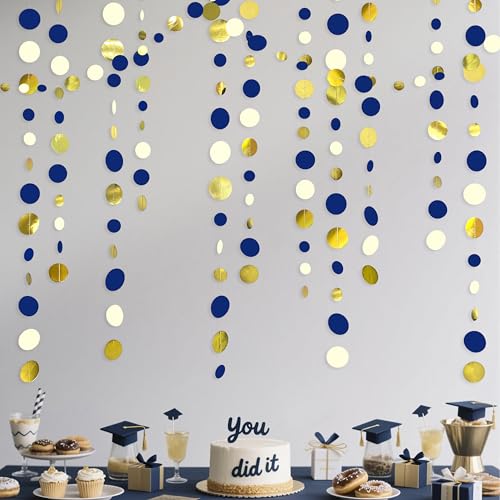 Navy Blue and Gold Circle Dots Garland Royal Blue Hanging Paper Polka Dot Streamer for Birthday Wedding Bridal Shower Graduations Nautical Ahoy Achor Pirate Themed Party Decorations Supplies