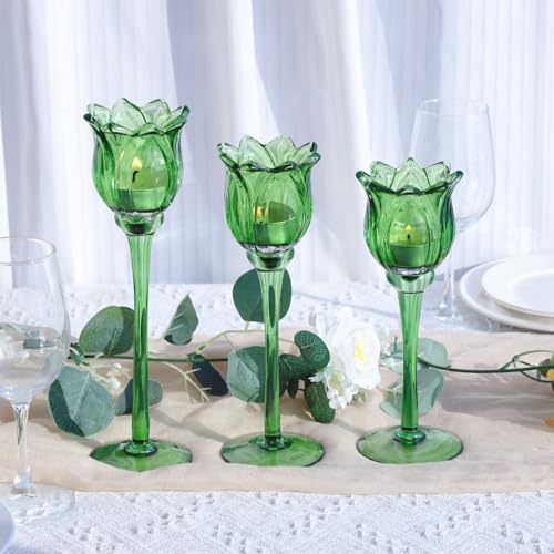Green Glass Tulips Candle Holders Set of 3 (3 Count)