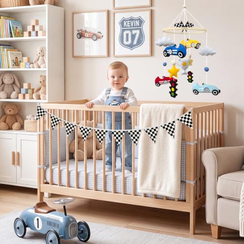 Race Car Baby Crib Mobile with 11 ft Pennant Banner Flags Handmade