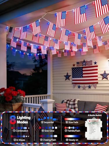 4th of July Lights 2PK Red White and Blue Battery String Lights with Flags (2 Count)