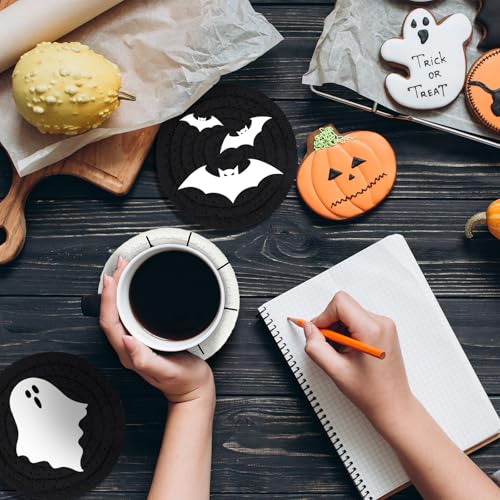 Halloween Handmade Braided Cotton Coasters Black White Ghost Bat Cat Spiderweb Drink Coasters Absorbent Cup Mat for Halloween Party Home Office Decor (4 Count)