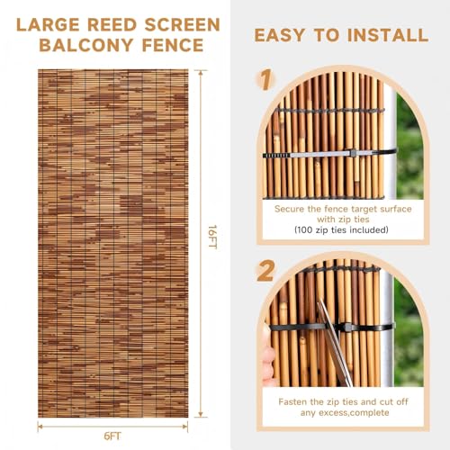 Reed Fencing Rolls Natural Bamboo Fence 6 Feet High Privacy Screen Curtains Fence for Balcony Patio Garden Backyard Shades Outdoor 6FT X 16.4FT （Brown） (98.4 Sq Ft)