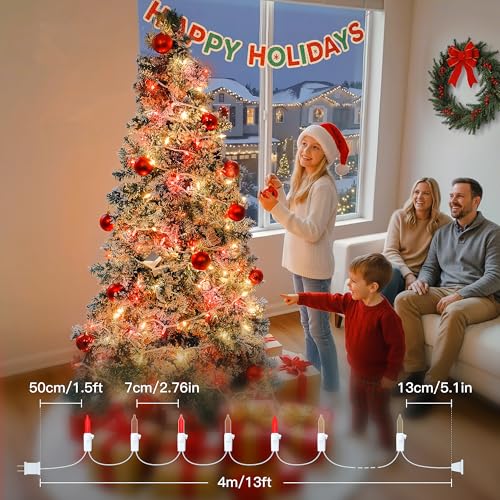2PACK Red&Warm White Christmas Lights with White Wire (13 Foot)
